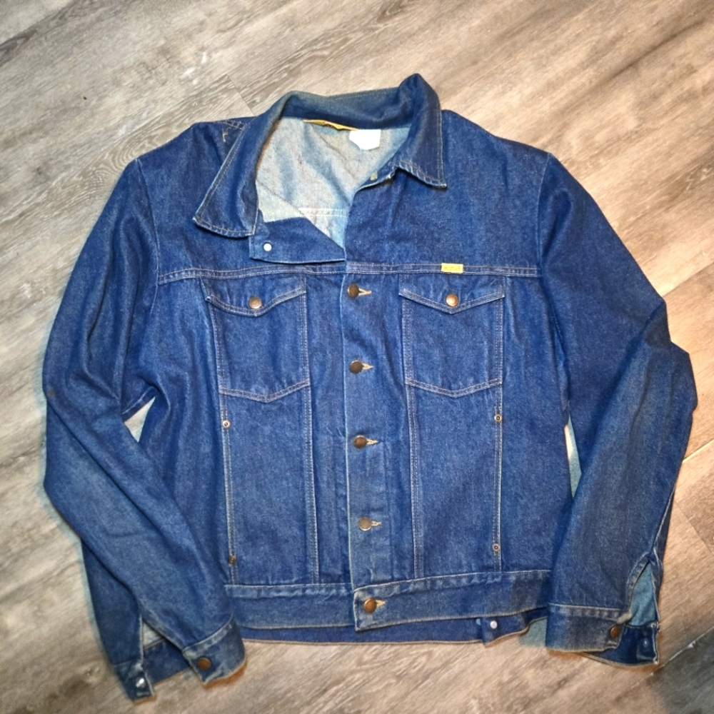 Vintage 80s Rustler Dark Wash Jean Jacket Made‎ In USA Trucker Denim Siz…